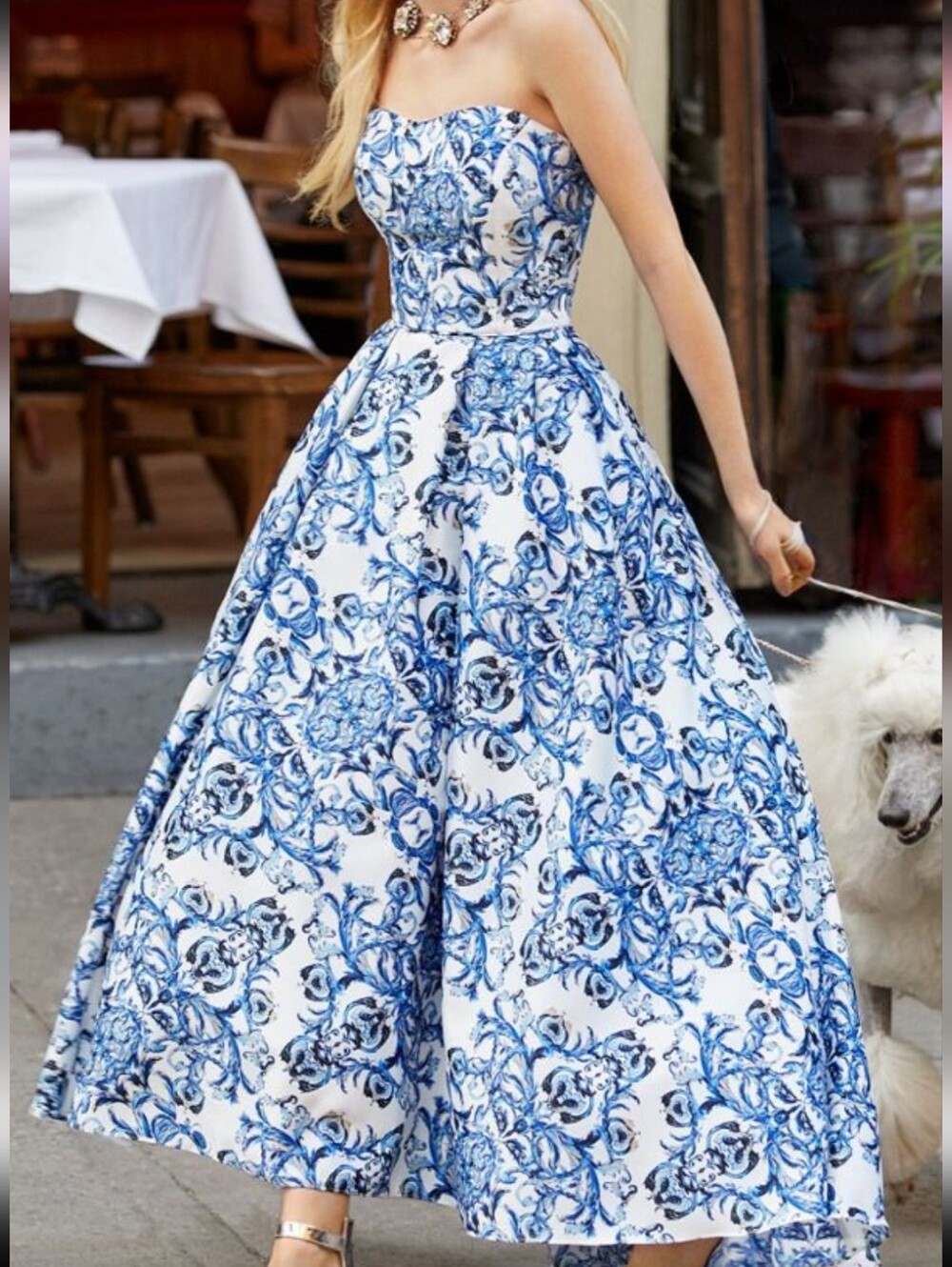 Nwot Camille La vie Strapless Blue & White Porcelian Inspired Highlow Ballgown